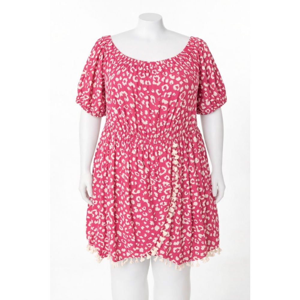 Andrée by Unit Pink Leopard Print Tassel Boho Off Shoulder Dress NWT 3X